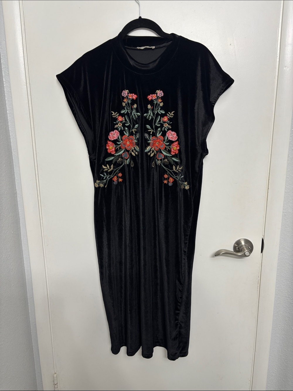 Zara Black Velvet Midi Dress with Red & Pink Floral Embroidery